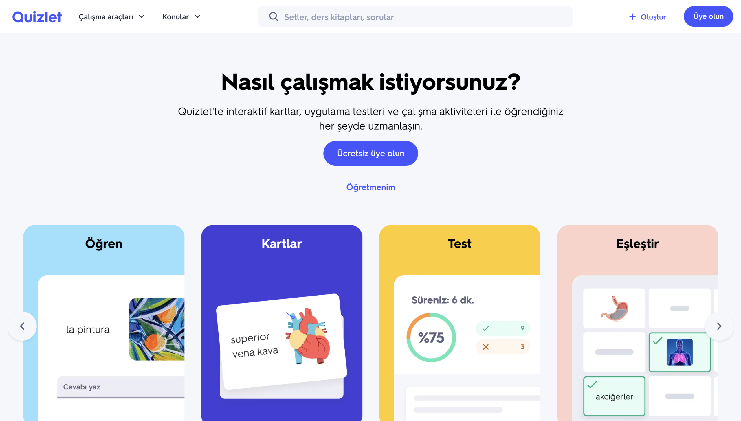 Quizlet AI ana sayfa görünümü